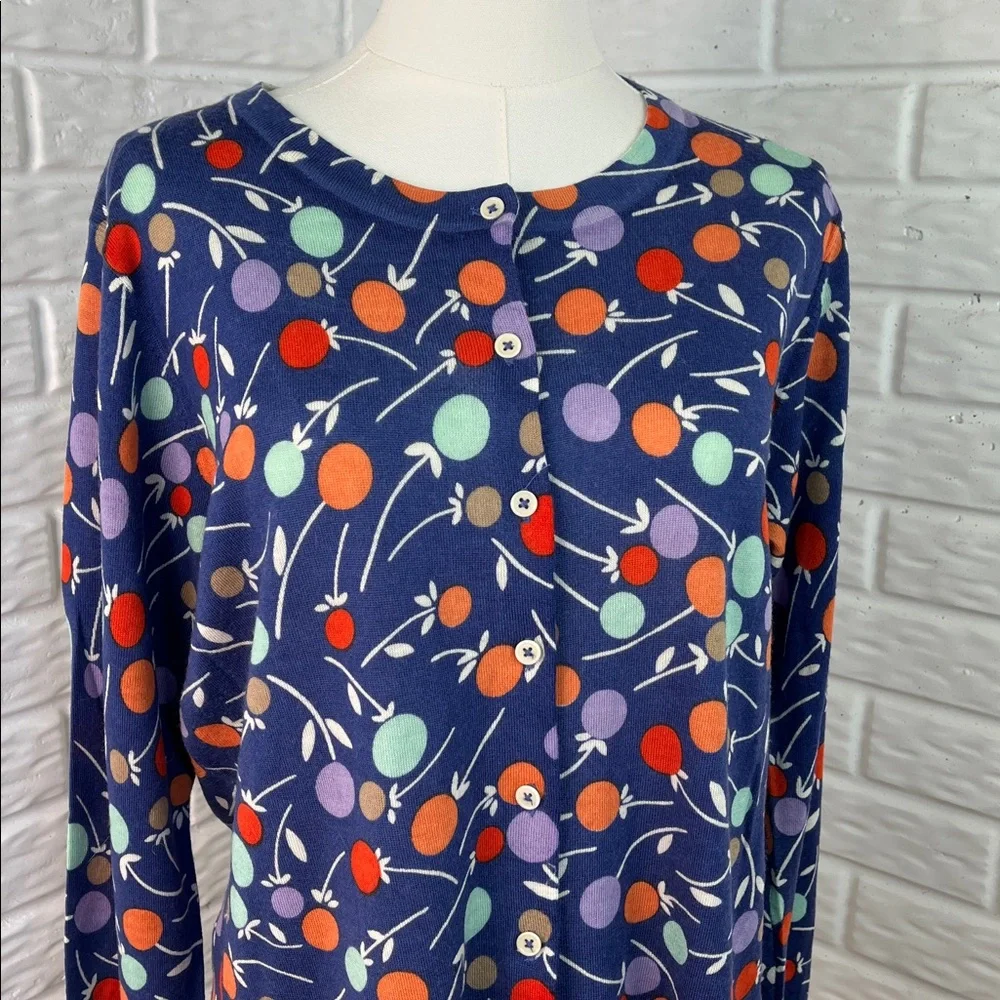 BODEN CARDIGAN 100% WOOL BUTTON DOWN LIGHTWEIGHT BLUE FLORAL DOTS SZ 14